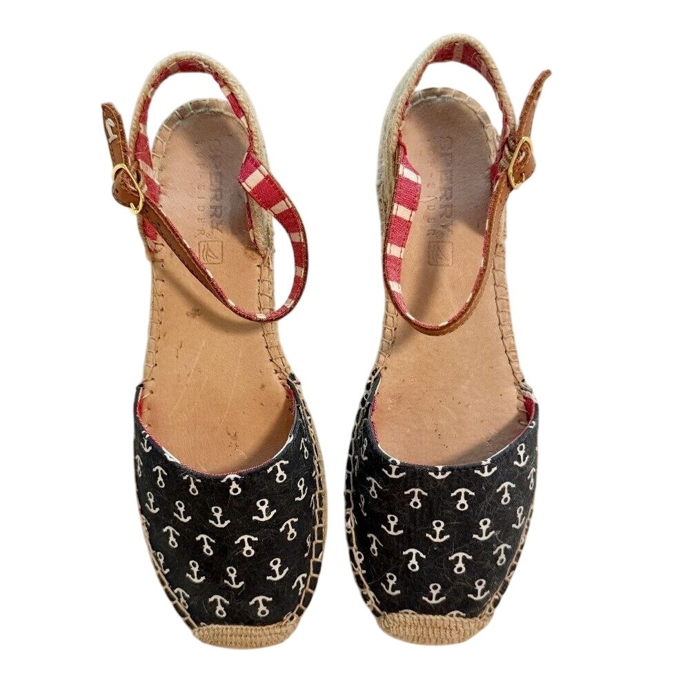 Sperry Top Sider Anchor Espadrille Sandals Womens 8M Navy Nautical Ankle Strap